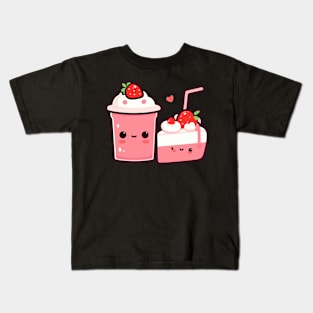 Kawaii Strawberry Ice Cream and Strawberry Cake with Hearts | Cute Kawaii Food Kids T-Shirt